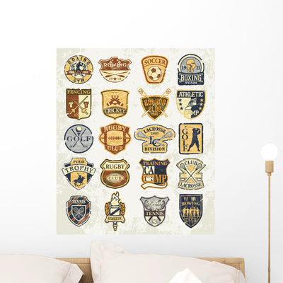 Classic Sports Old Badges Wall Decal shown on a wall