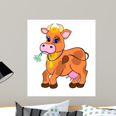 Cartoon Brown Cow Wall Decal shown on a wall