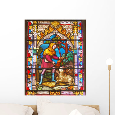 Lost Sheep Stained Glass Wall Decal shown on a wall
