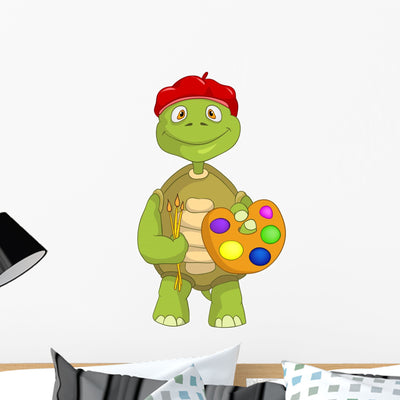Funny Turtle Artist Wall Decal shown on a wall