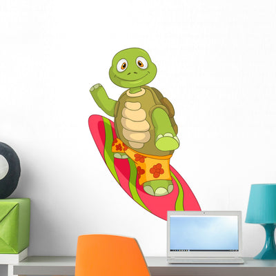 Funny Turtle Surfing Wall Decal shown on a wall