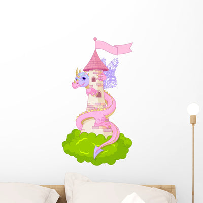Pink Castle Tower Dragon Wall Decal shown on a wall