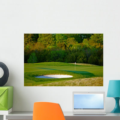 Golf Course Hole and Large Sand Trap Wall Decal shown on a wall