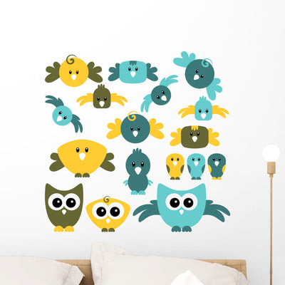 Set Cute Birds Wall Decal shown on a wall