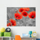 Red Poppies on Black and White Background - Horizontal Wall Decal