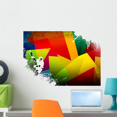 Colorful, Abstract Lacrosse Wall Decal shown on a wall