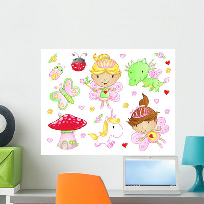 Cute Fairy Princess Flowers Wall Decal shown on a wall