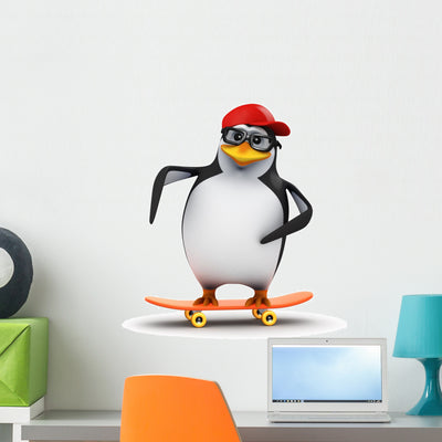 Penguin Skateboard Wall Decal shown on a wall