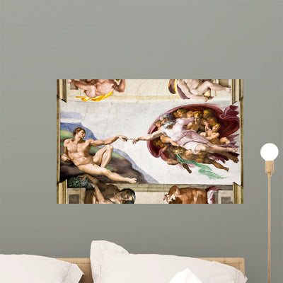 Creation Adam Michelangelo Sistine shown on a wall