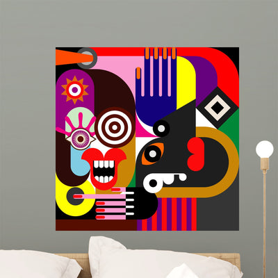 Two Women Abstract Portrait Wall Mural shown on a wall