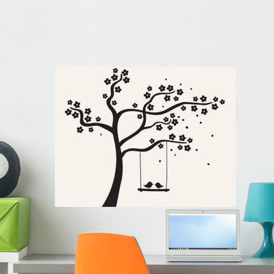 Flower Love Tree Silhouette Wall Decal shown on a wall