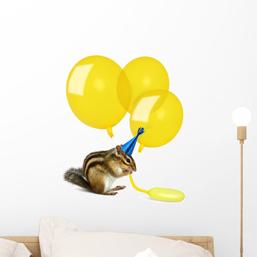 Funny Chipmunk Inflating Yellow Balloons Wall Decal