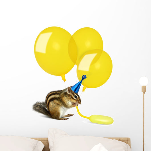 Funny Chipmunk Inflating Yellow Balloons Wall Decal