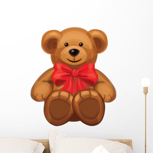 Vector of Cute Brown Bear with Red Bow. Wall Decal