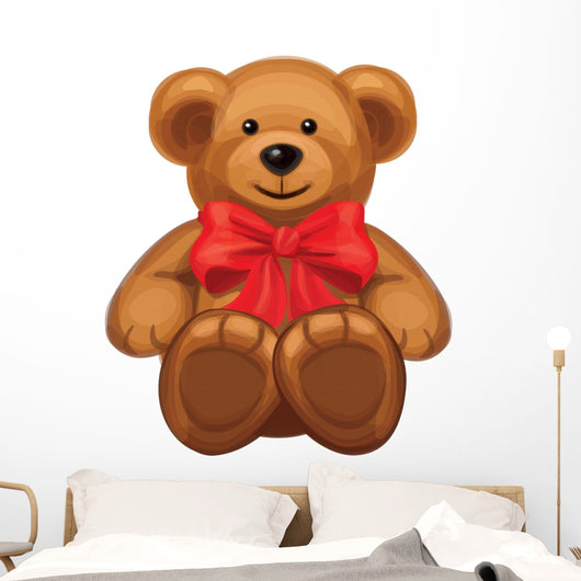 Vector of Cute Brown Bear with Red Bow. Wall Decal