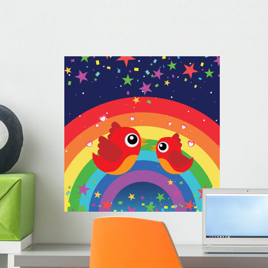 Birds in Love With Rainbow at Night Wall Mural