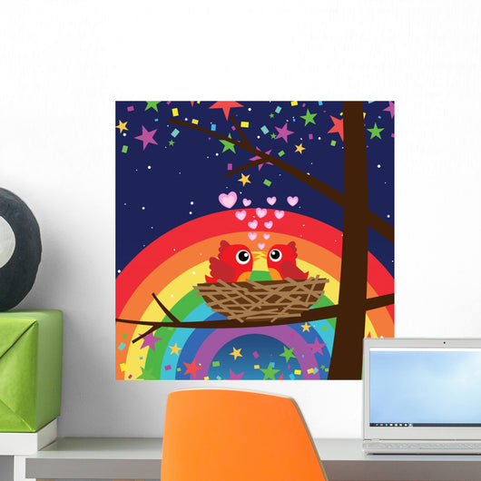 Birds in Love With Rainbow at Night Wall Mural