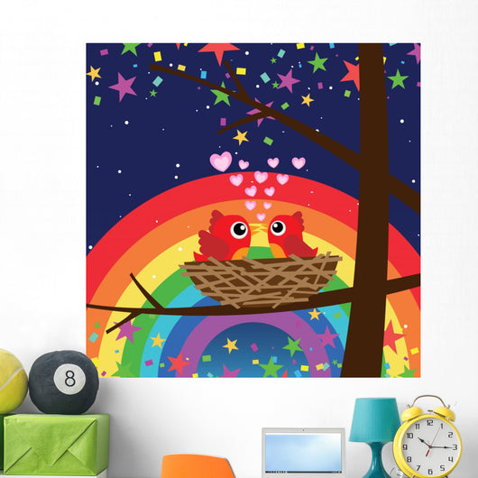 Birds in Love With Rainbow at Night Wall Mural