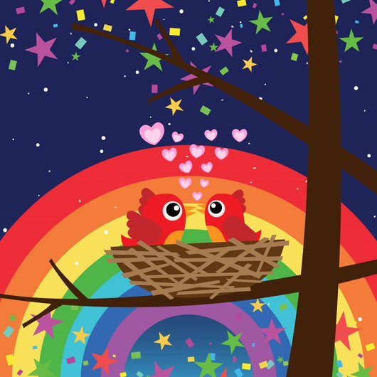 Birds in Love With Rainbow at Night Wall Mural