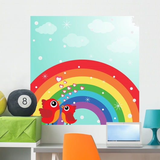 Love Bird With Hearts and Rainbow Wall Mural