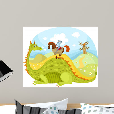 Dragon and Knight shown on a wall