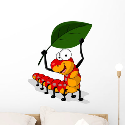 Worm Cartoon with Leaf Wall Decal shown on a wall