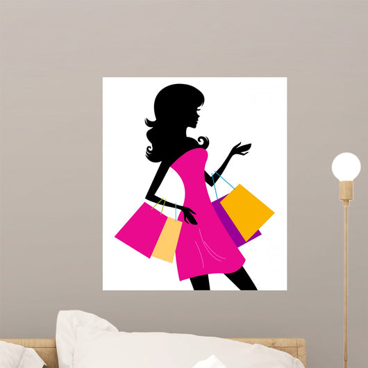 Woman Shopping Silhouette White Wall Decal