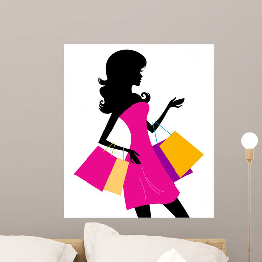 Woman Shopping Silhouette White Wall Decal