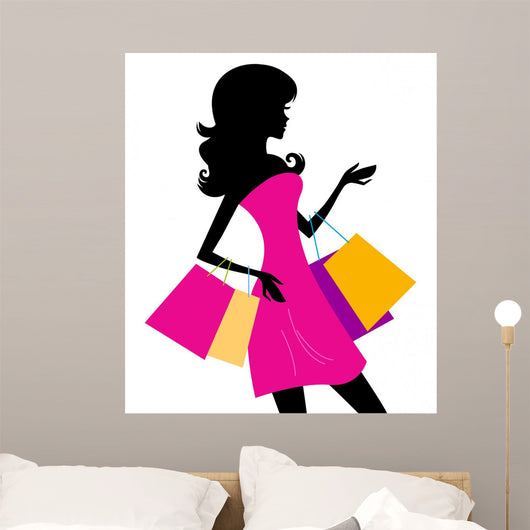 Woman Shopping Silhouette White Wall Decal