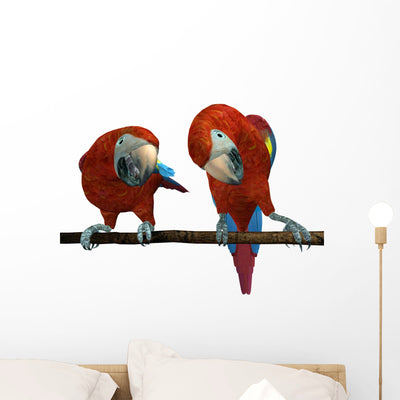 2 Scarlet Macaws Perched Wall Decal shown on a wall