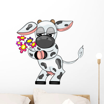 Vector Cow Holding Flowers Wall Decal shown on a wall