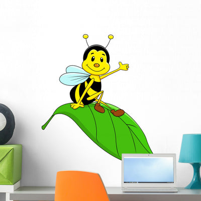 Happy Bee Sitting Leaf Wall Decal shown on a wall