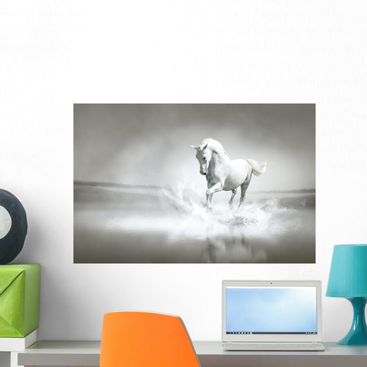 White horse running through water Wall Mural