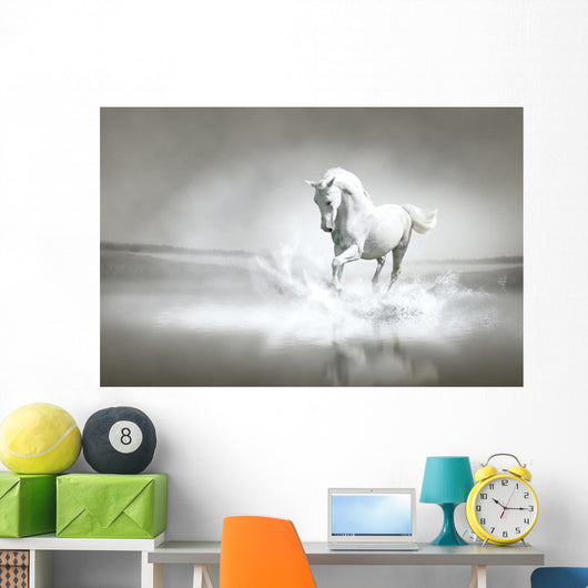 White horse running through water Wall Mural