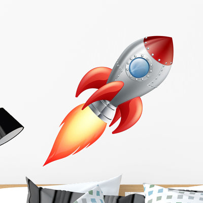 Rocket Space Ship Wall Decal shown on a wall
