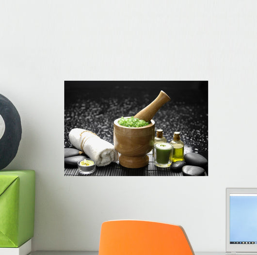 Wooden Mortar and Pestle with Towel and Massage Oil Wall Mural