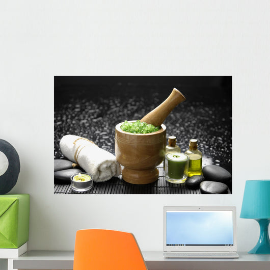 Wooden Mortar and Pestle with Towel and Massage Oil Wall Mural