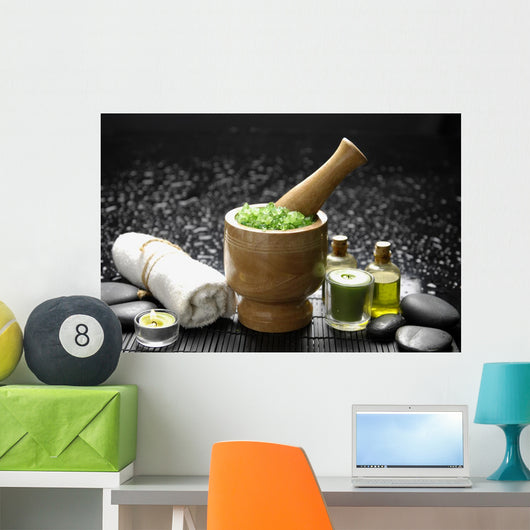 Wooden Mortar and Pestle with Towel and Massage Oil Wall Mural