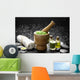 Wooden Mortar and Pestle with Towel and Massage Oil Wall Mural