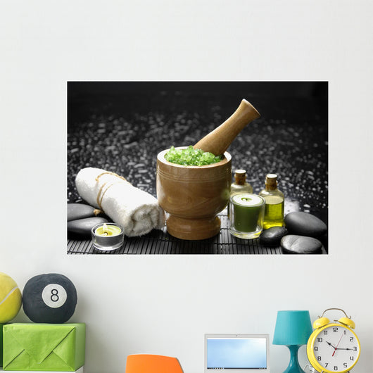 Wooden Mortar and Pestle with Towel and Massage Oil Wall Mural