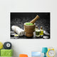 Wooden Mortar and Pestle with Towel and Massage Oil Wall Mural