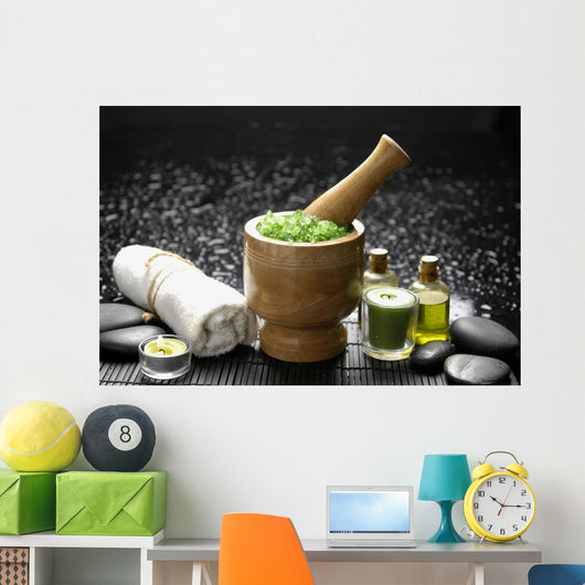 Wooden Mortar and Pestle with Towel and Massage Oil Wall Mural