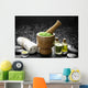 Wooden Mortar and Pestle with Towel and Massage Oil Wall Mural