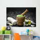 Wooden Mortar and Pestle with Towel and Massage Oil Wall Mural