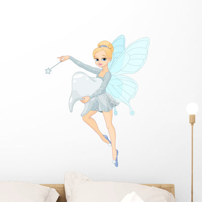 Cute Tooth Fairy Flying Wall Decal shown on a wall