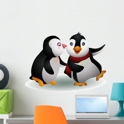 Kissing Cute Penguin Wall Decal shown on a wall