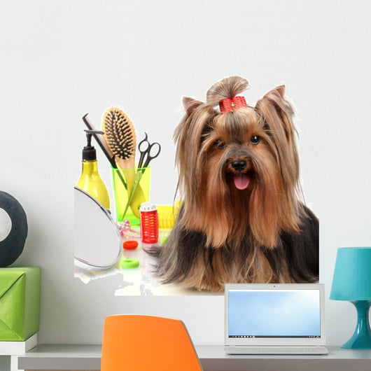 Yorkshire Terrier with Grooming Supplies Wall Decal WallMonkeys