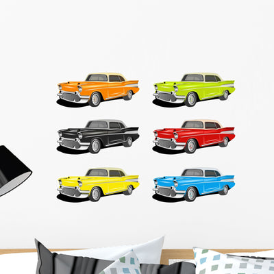Colorful Classic Cars Wall Stickers shown on a wall