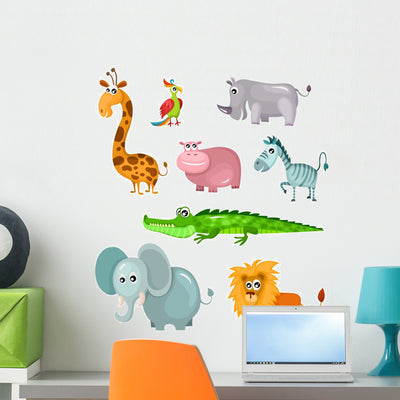 African Safari Animal Cartoons Wall Decal Sticker Set shown on a wall