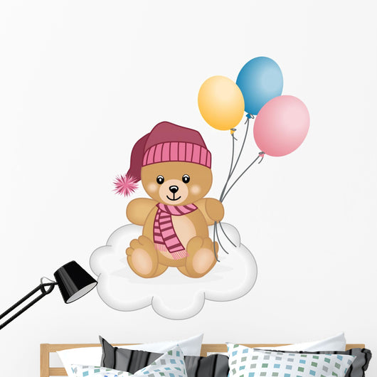 Winter teddy bear  flying balloons Wall Decal